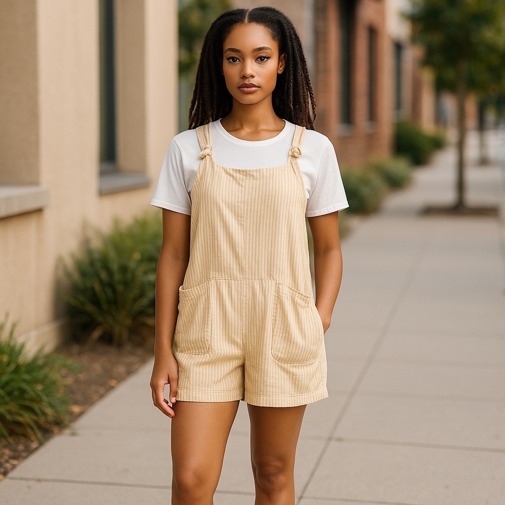 Torrid Cream and Tan Striped Linen Blend Romper